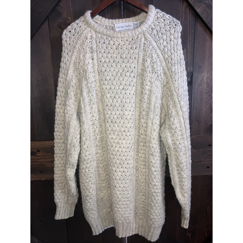 Patrick Malin Hand-Loomed Wool Sweater Beige Donegal Ireland‎  XL Cable Knit VTG